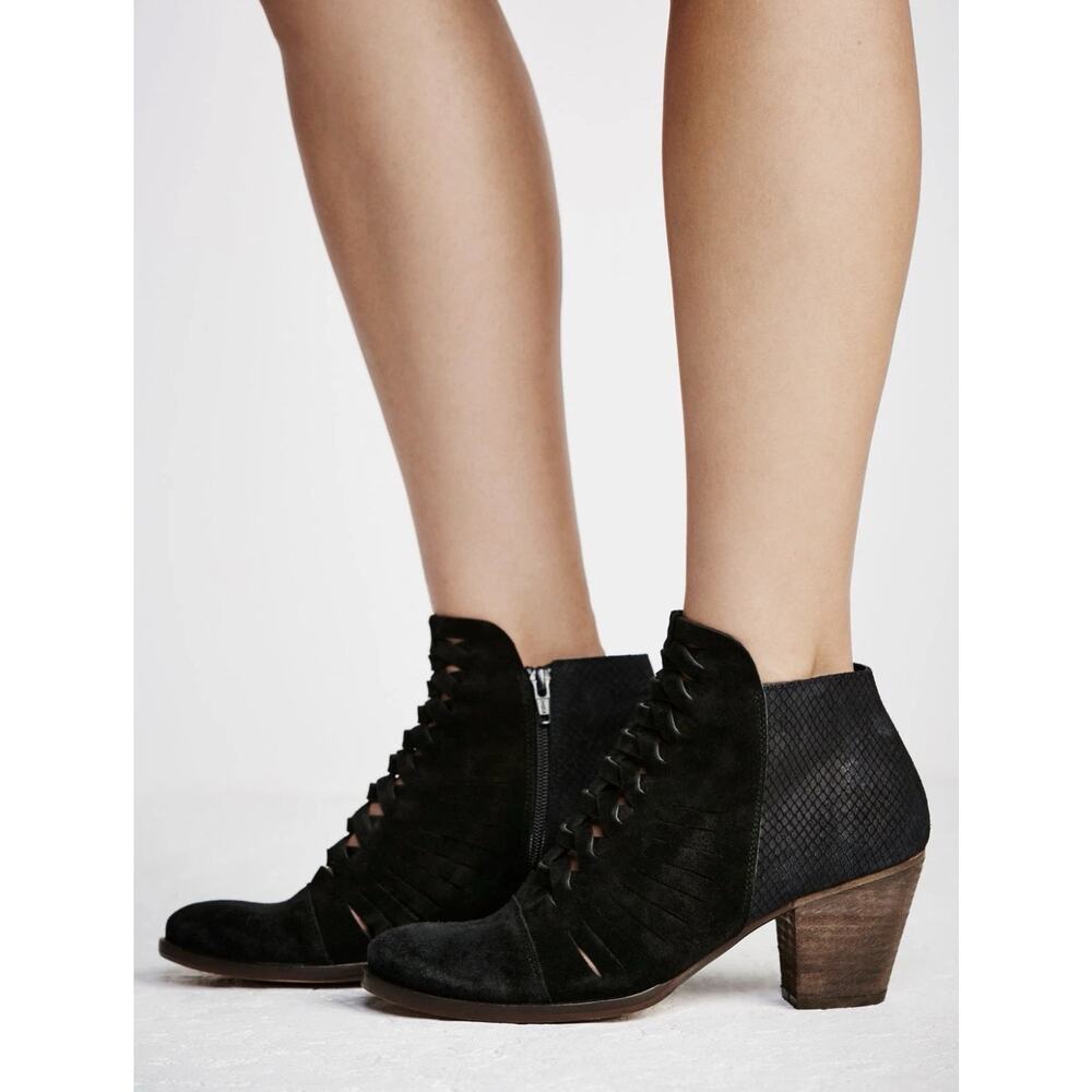 Free People LovelandBlack Suede Booties Snake Embossed Heel Cut outs Women SZ 8